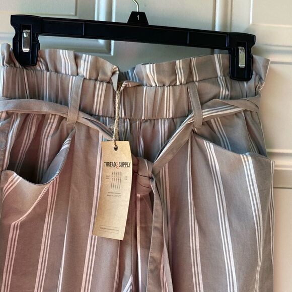 Thread & Supply Women's High Rise Stripes Paperbag Tie-Waist Pants Tan & White - Picture 3 of 5